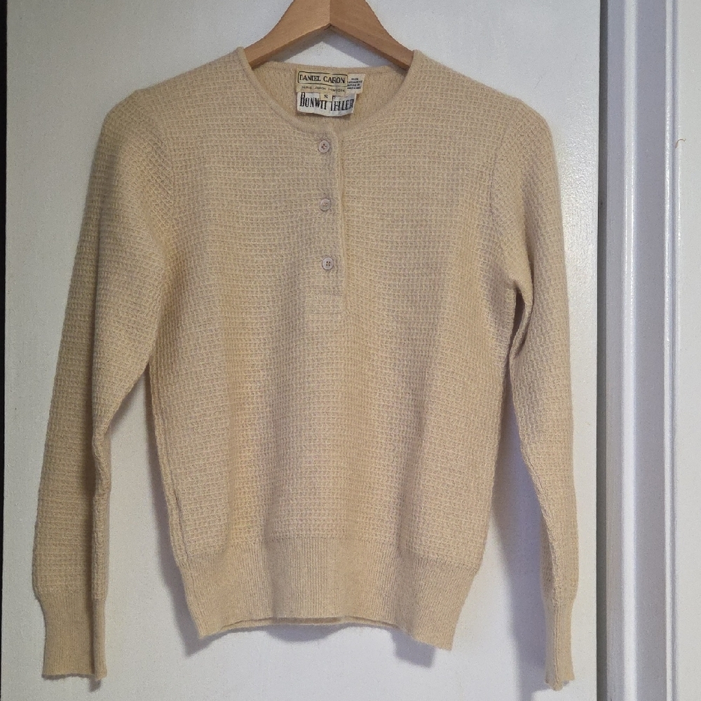 Anne Klein Cream Waffle Knit Henley Sweater